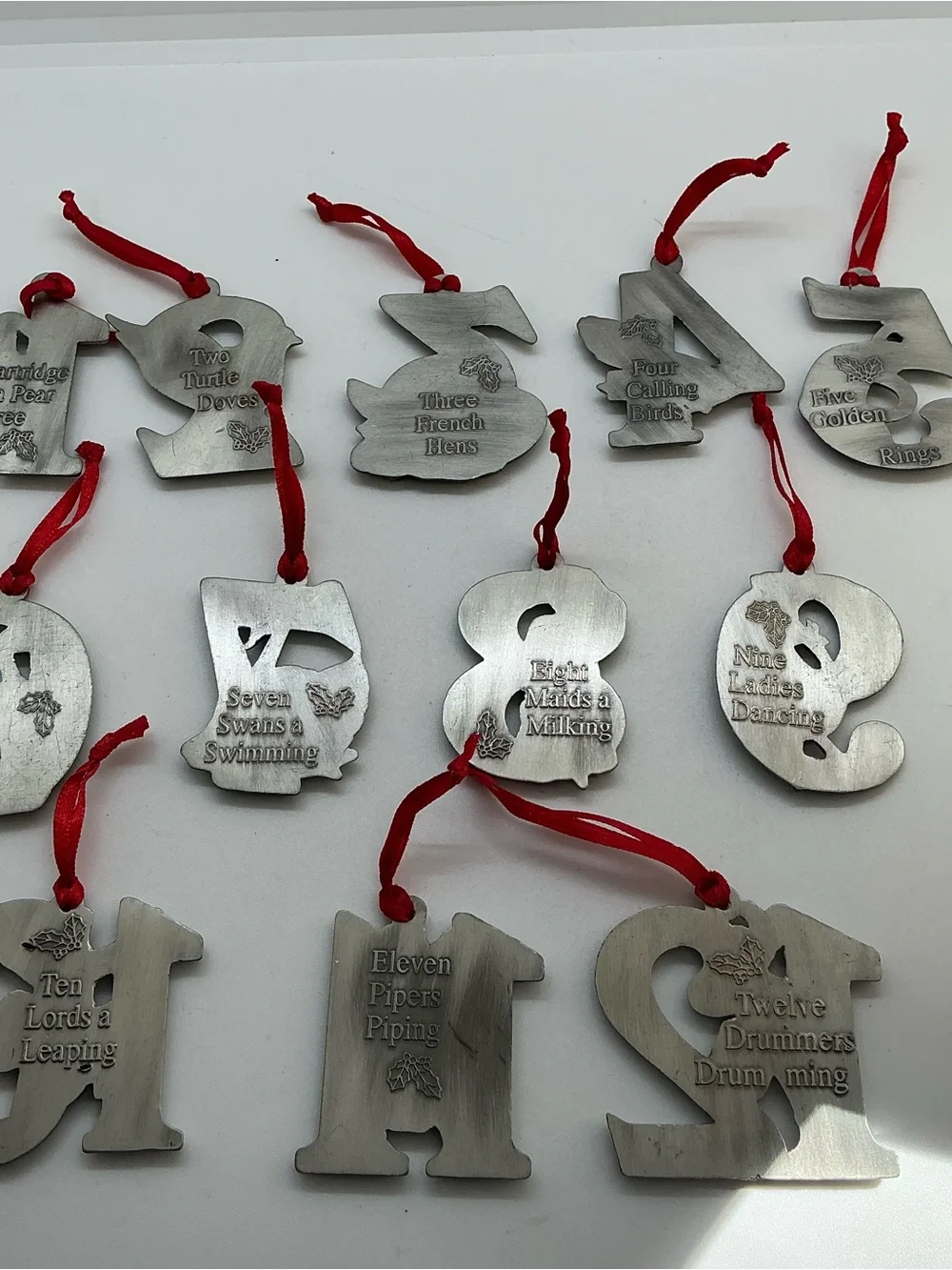 Set of 12 Days of Christmas Metal Pewter Number Hanging Ornaments Silver Color